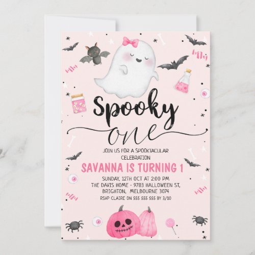 Pink Ghost Spooky One Halloween 1st Birthday Invitation