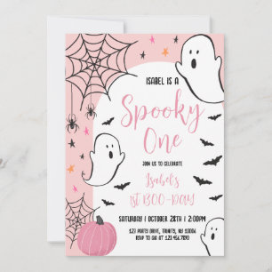 Pink Ghost Spooky One Halloween Birthday Invitation