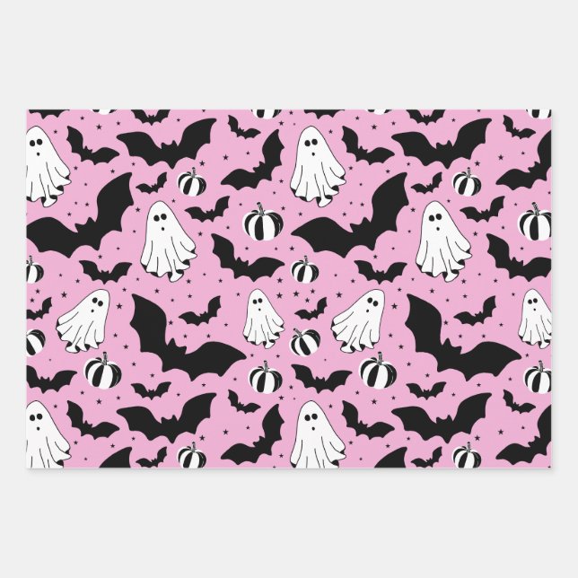 Pink ghosts, bats and pumpkins wrapping paper sheets (Front)