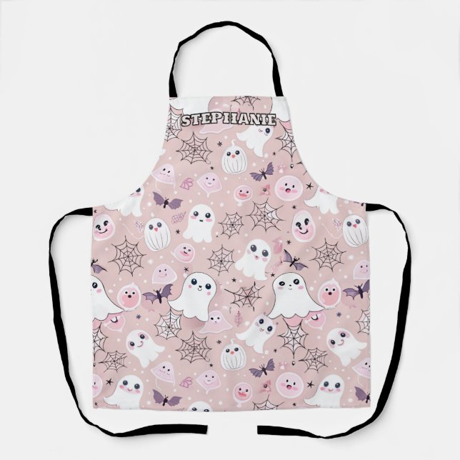 Pink Ghosts & Halloween Elements Seamless Pattern Apron (Front)