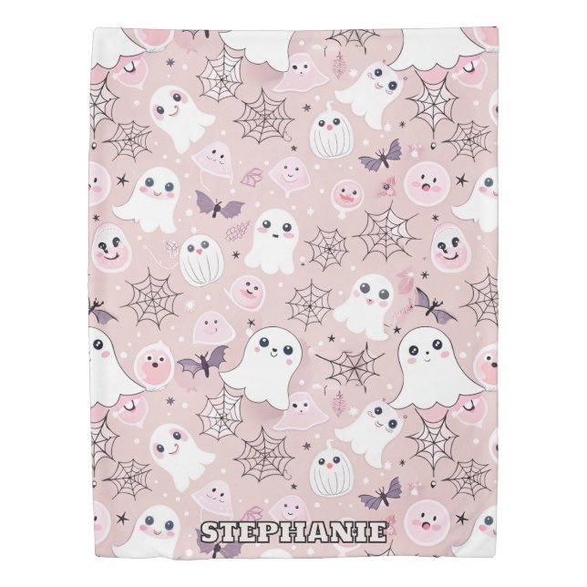 Pink Ghosts & Halloween Elements Seamless Pattern Duvet Cover (Front)