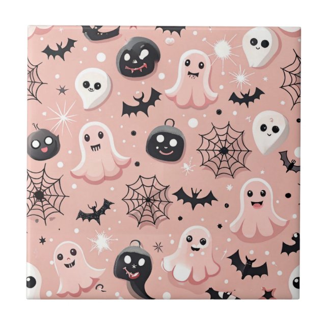 Pink Ghosts & Halloween Seamless Pattern  Ceramic Tile (Front)