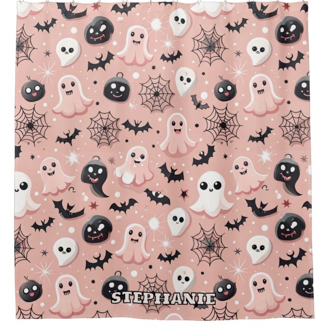 Pink Ghosts & Halloween Seamless Pattern  Shower Curtain (Front)