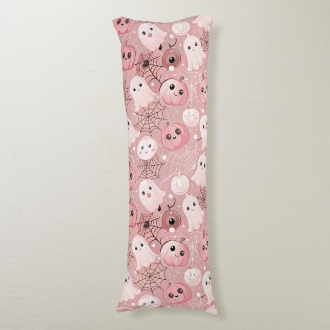 Pink Ghosts & Pumpkins Whimsical Halloween Body Pillow (Front Vertical)