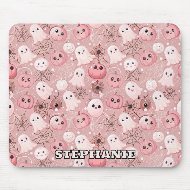 Pink Ghosts & Pumpkins Whimsical Halloween Mouse Pad (Front)