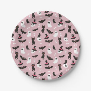Pink Ghosts Skulls Ravens Cats Halloween Patterns Paper Plates