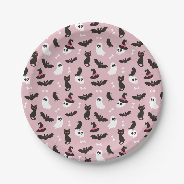 Pink Ghosts Skulls Ravens Cats Halloween Patterns Paper Plates (Front)