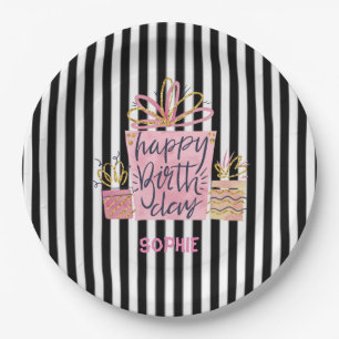 Pink Gift Birthday Black & White Stripes Paper Plates
