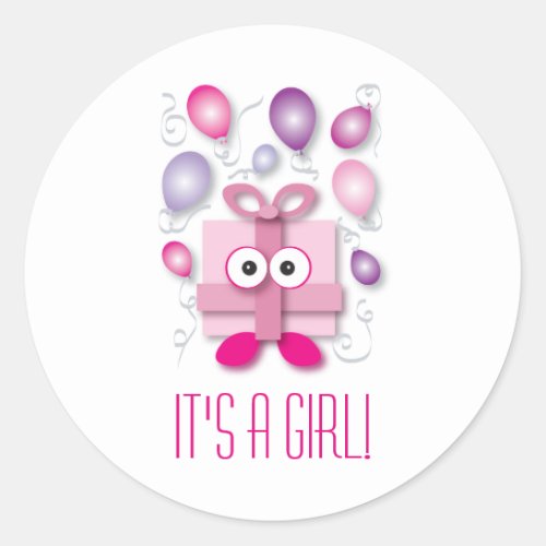 Pink Gift Box Cartoon Gender Reveal Classic Round  Classic Round Sticker