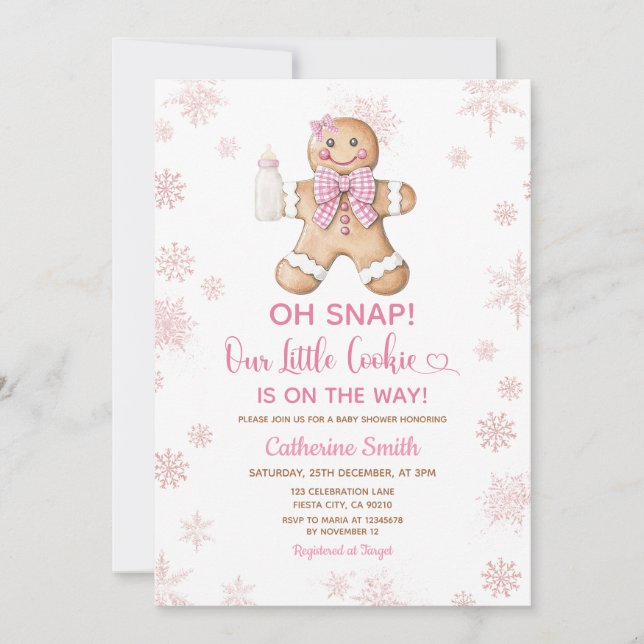 Pink Gingerbread Christmas Baby Shower Snowflakes Invitation (Front)