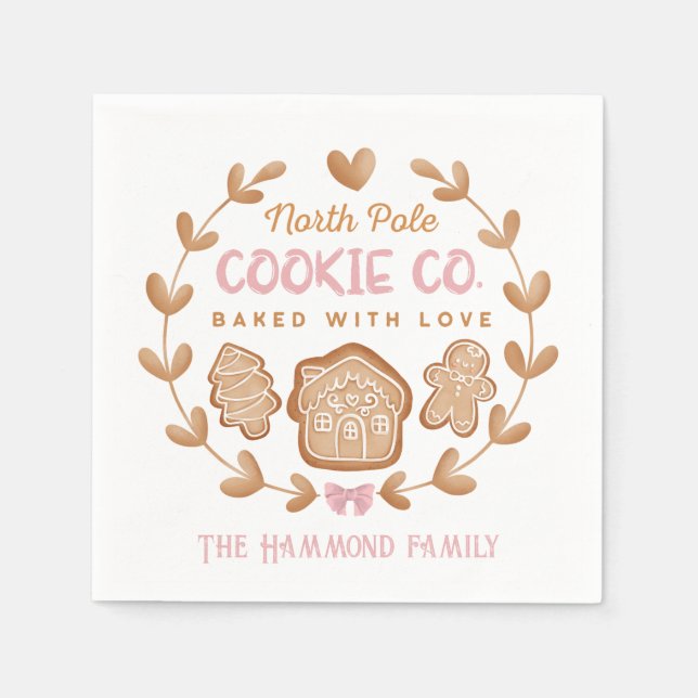 Pink Gingerbread Christmas Cookies Family Name Napkins (Front)