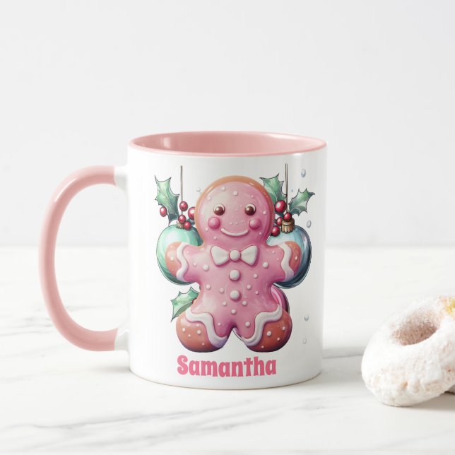 Pink Gingerbread Christmas Kids Hot Chocolate Mug (With Donut)