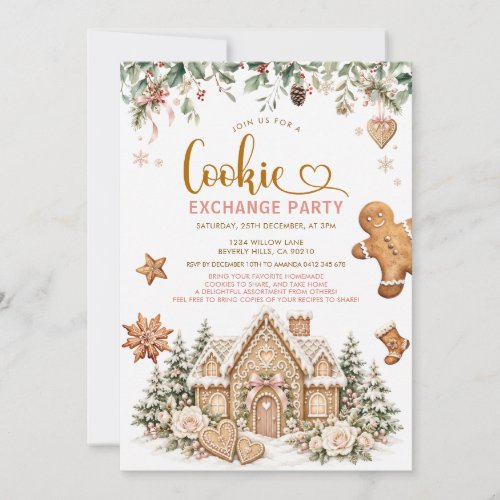 Pink Gingerbread Cookie Exchange Christmas Party Invitation