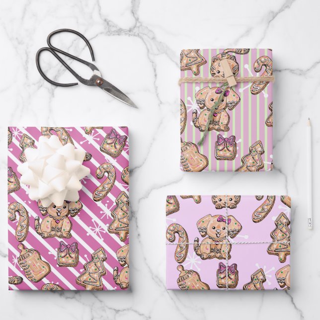 Pink Gingerbread Cookie Kitten & Pup Winter Baby Wrapping Paper Sheets (Front)