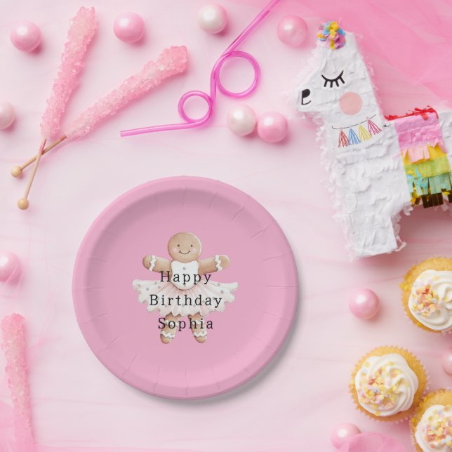 Pink Gingerbread Girl Ballerina Ballet Birthday Paper Plates (Party)