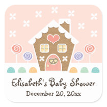 PINK GINGERBREAD HOUSE BABY SHOWER PARTY FAVOR SQUARE STICKER