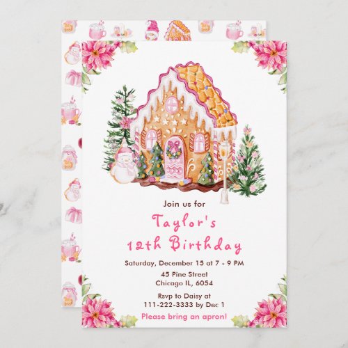 Pink Gingerbread House Birthday Party Invitation