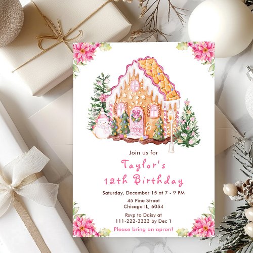 Pink Gingerbread House Birthday Party Invitation