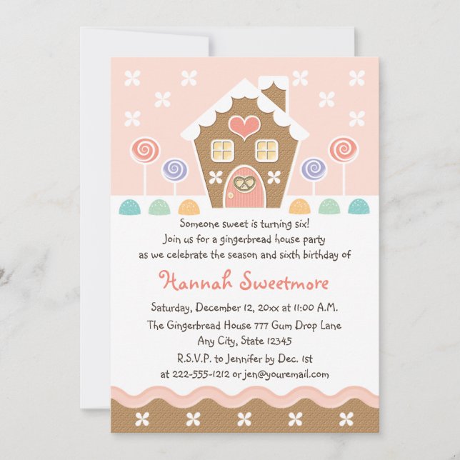 PINK GINGERBREAD HOUSE BIRTHDAY PARTY INVITATIONS (Front)