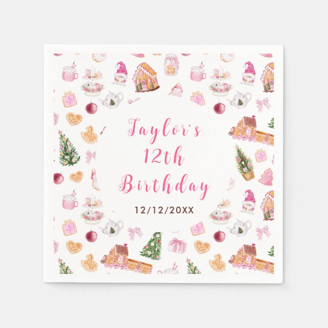 Pink Gingerbread House Birthday Party Napkins (Front)