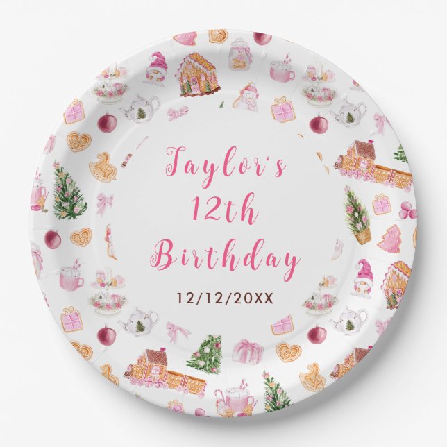 Pink Gingerbread House Birthday Party Paper Plates (Front)