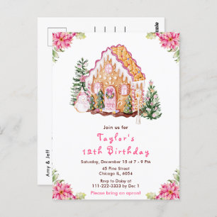 Pink Gingerbread House Birthday Party Postcard