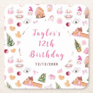 Pink Gingerbread House Birthday Party Square Paper Coaster