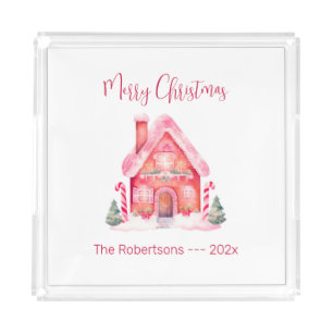 Pink Gingerbread House Christmas Acrylic Tray