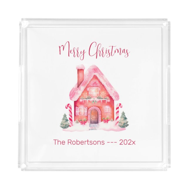 Pink Gingerbread House Christmas Acrylic Tray (Front)