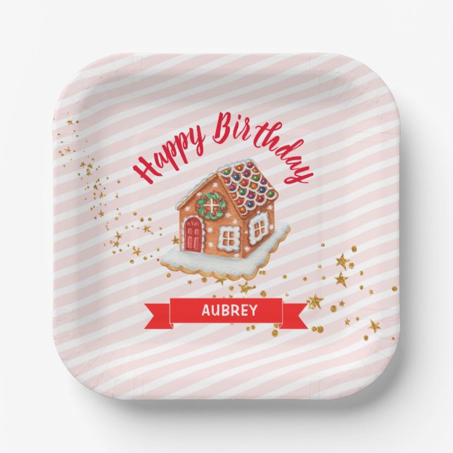 Pink Gingerbread House Christmas Birthday Paper Plates (Front)