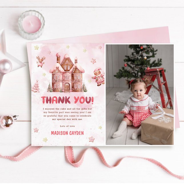 Pink Gingerbread House Christmas Birthday Photo Thank You Card (Creator Uploaded)