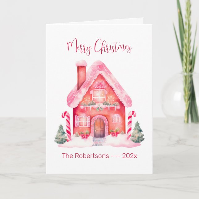 Pink Gingerbread House Christmas Card (Front)