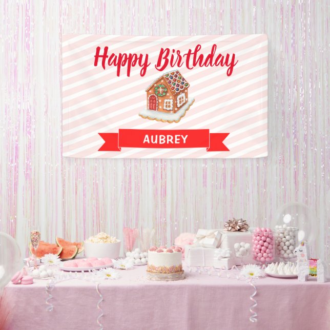 Pink Gingerbread House Christmas First Birthday  Banner (Party)