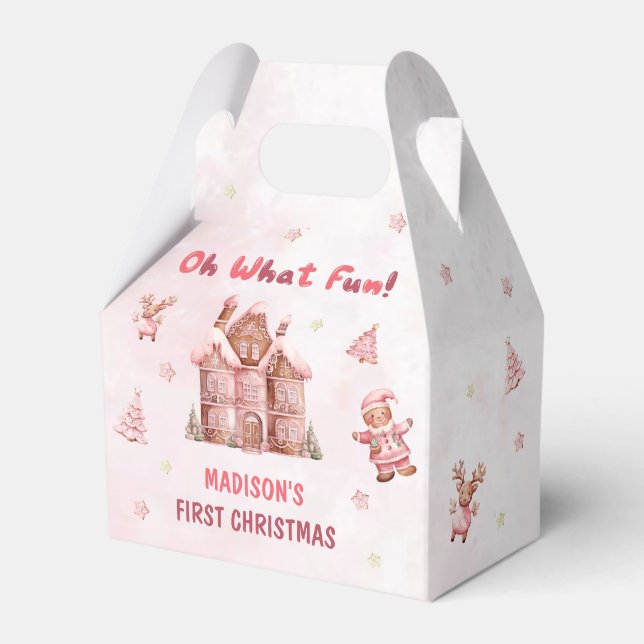Pink Gingerbread House Christmas First Birthday Favor Boxes (Front Side)