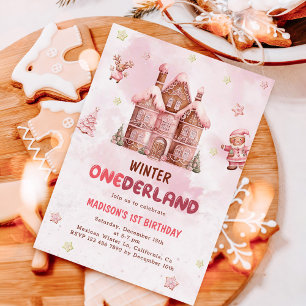 Pink Gingerbread House Christmas First Birthday Invitation