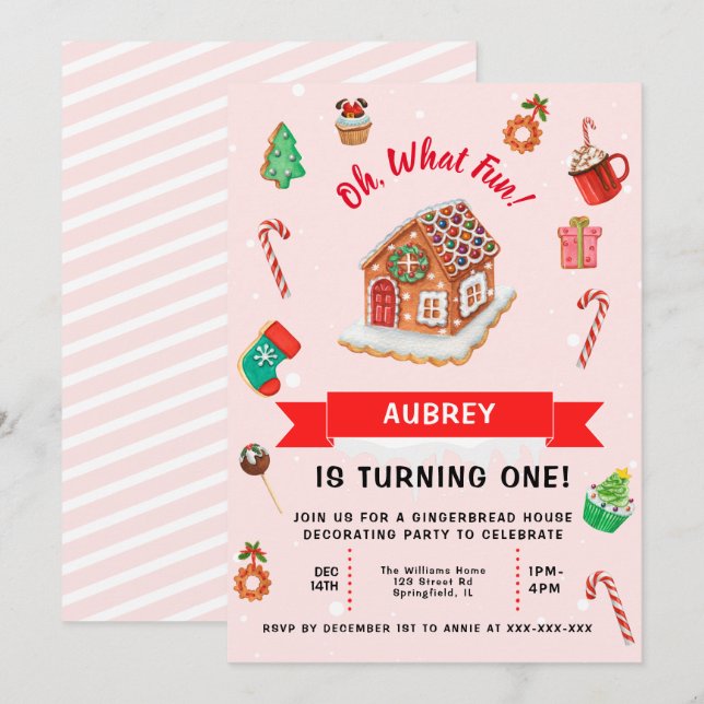 Pink Gingerbread House Christmas First Birthday Invitation (Front/Back)