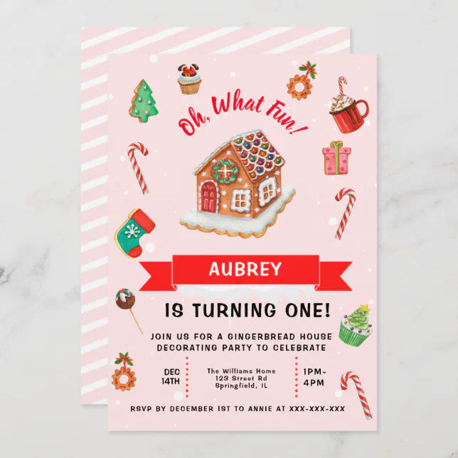 Pink Gingerbread House Christmas First Birthday Invitation | Zazzle