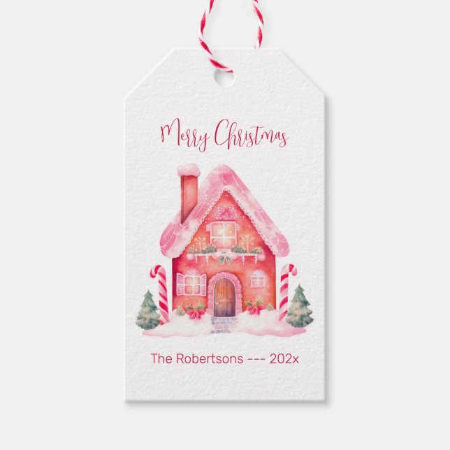 Pink Gingerbread House Christmas Gift Tags (Front)