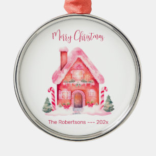 Pink Gingerbread House Christmas Metal Ornament