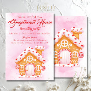 Pink Gingerbread House Christmas Party Decorating  Invitation