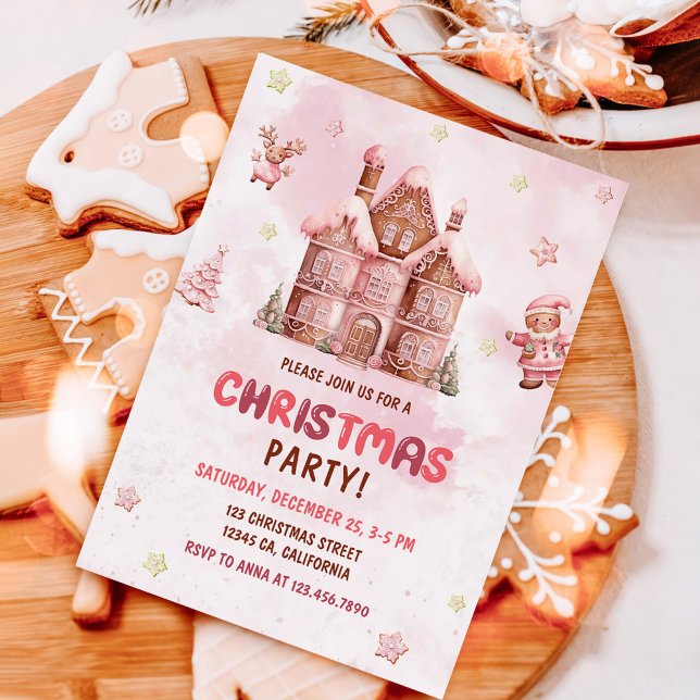 Pink Gingerbread House Christmas Party Invitation (Creator Uploaded)