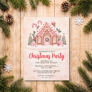 Pink Gingerbread House Christmas Party Invitation