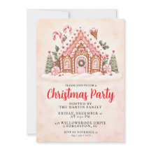 Pink Gingerbread House Christmas Party Invitation