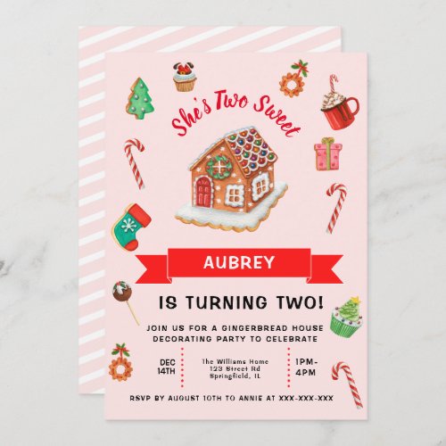 Pink Gingerbread House Christmas Second Birthday Invitation