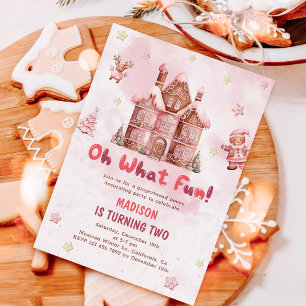 Pink Gingerbread House Christmas Second Birthday Invitation