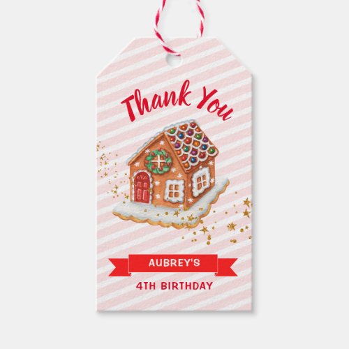 Pink Gingerbread House Christmas Thank You Favor Gift Tags