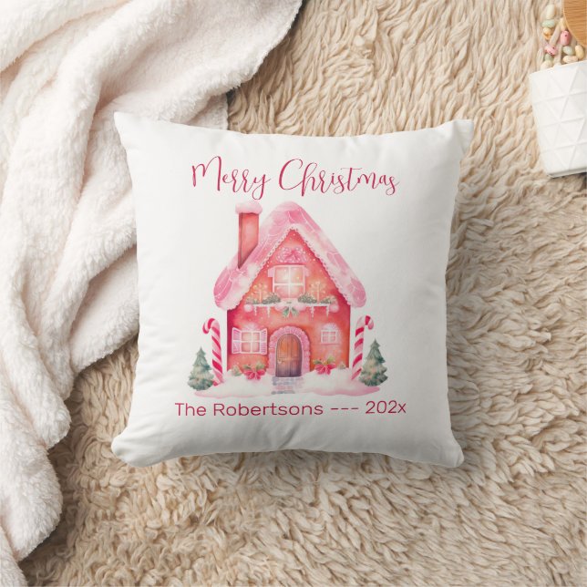 Pink Gingerbread House Christmas Throw Pillow (Blanket)