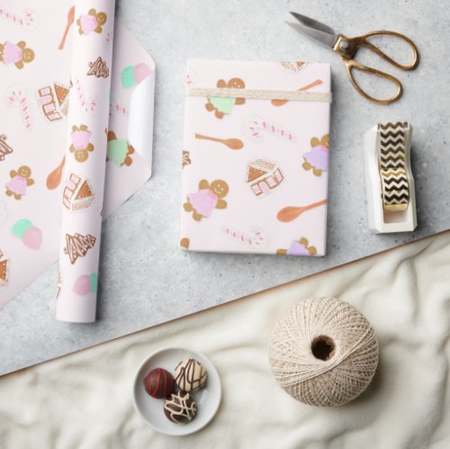 Pink Gingerbread House Christmas Wrapping Paper