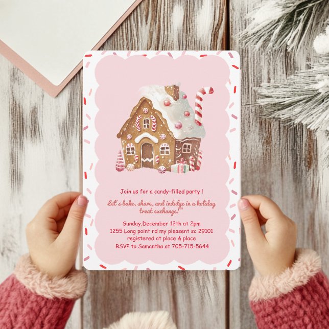 Pink Gingerbread House Cookie Exchange Invitation (Creator Uploaded)