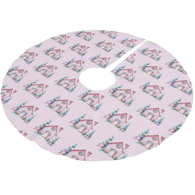 Pink Gingerbread House Decor  Brushed Polyester Tree Skirt (Angled)